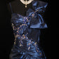 girlhomeshops-Navy Blue Satin Spaghetti Straps Floor-Length Sequin Beaded Big Bow Evening Gown gh6305
