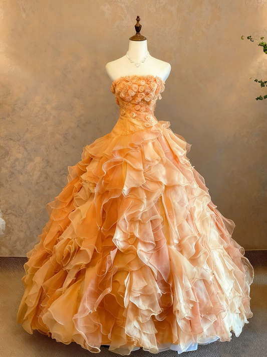 girlhomeshops-Orange-Pink Gradient Tulle Strapless 3D Flower-Embleried Floor-Long Court-Style Gown gh6363