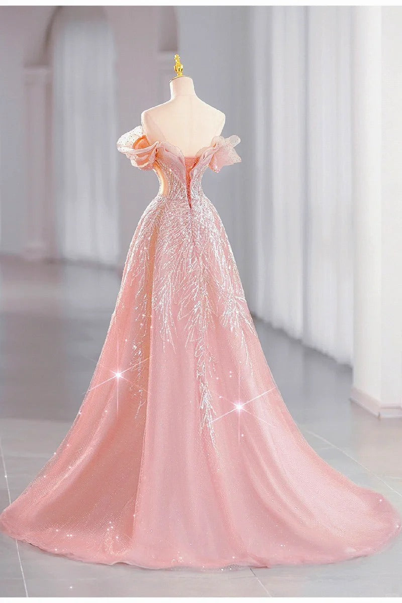 Rosa wunderschöne glänzende verträumte elegante Mode exquisite Perlen lange bodenlangen Schleppe Tüll Ballkleid Abendkleid gh4000