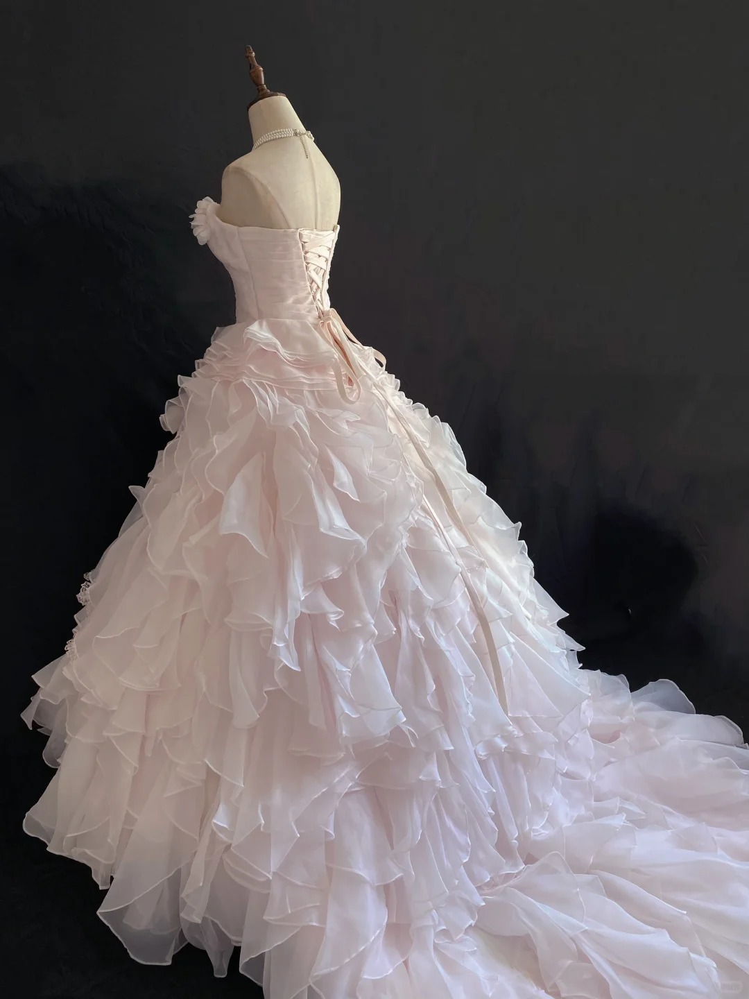Blush Pink Strapless Long Fairy Romantic Gown With Floral Appliqués, Cinched Waist And Voluminous Princess Skirt, Wedding Dress & Bridal Gown gh8266