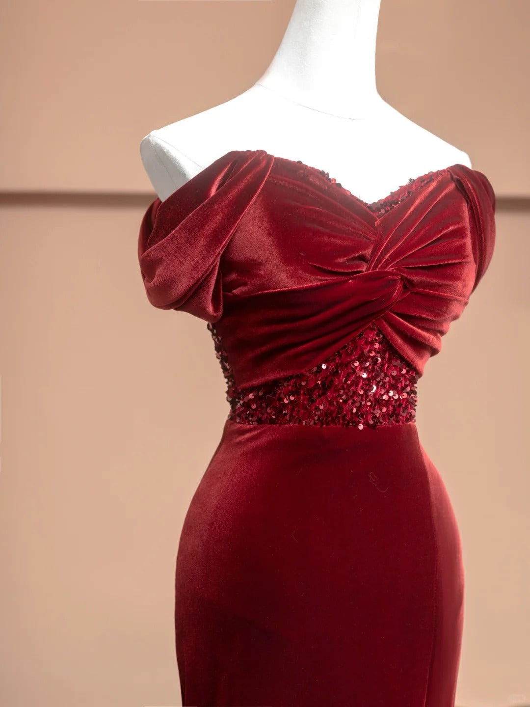 Robe de soirée élégante en velours bordeaux, longue, style sirène, coupe slim, avec perles, gh4877