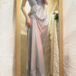 Grey blue floral long satin ball gown, evening gown, graduation gown gh4508