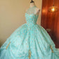 Girlhomeshops - Mintgrünes, glitzerndes, perlenbesetztes, florales, langes, bodenlanges Tüll-Ballkleid gh5300