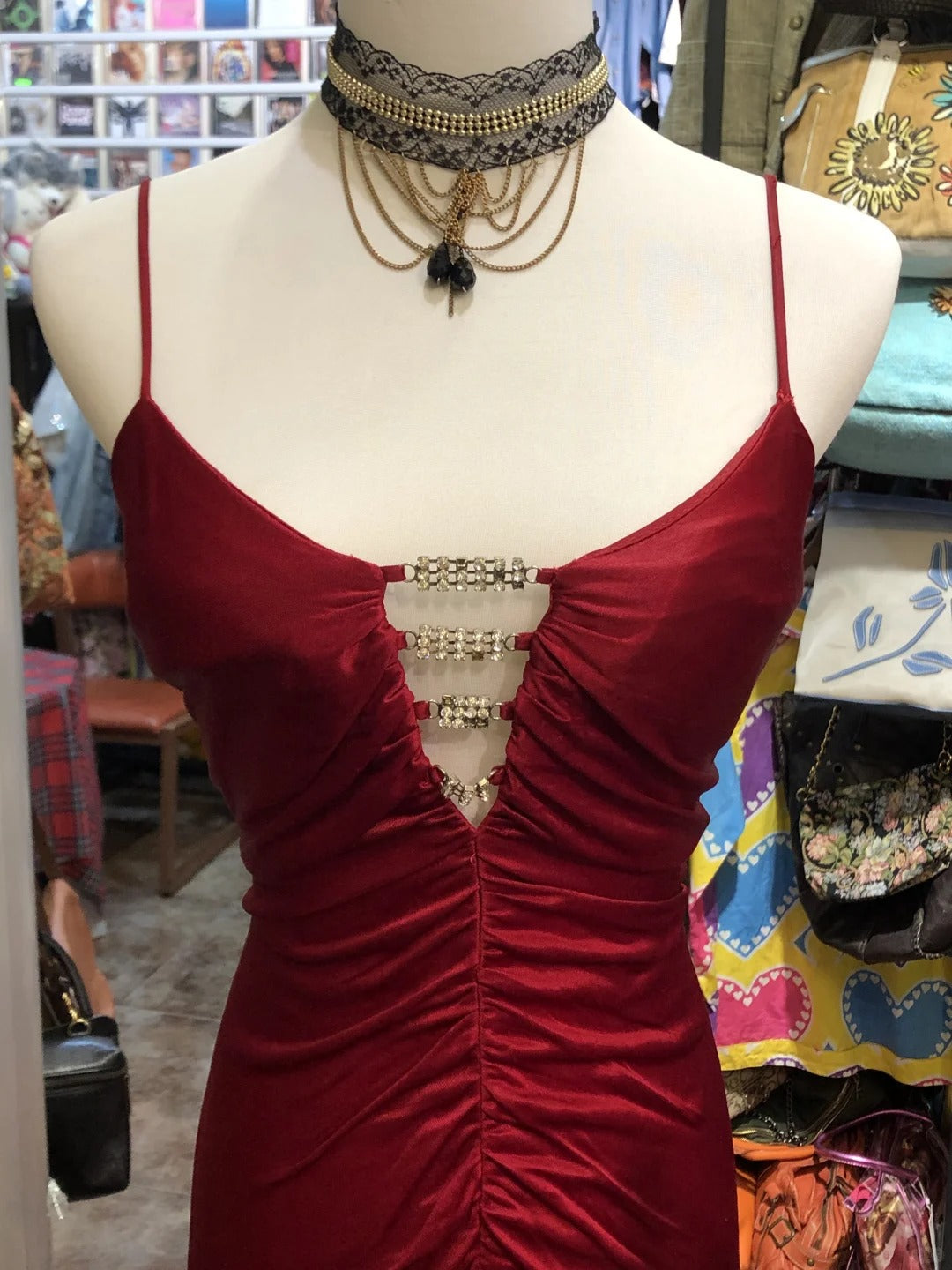 Robe de soirée bordeaux, élégante et raffinée, style rétro, bretelles spaghetti, strass, longue, dos nu, en satin, robe de bal, robe de fête d'anniversaire, gh4147