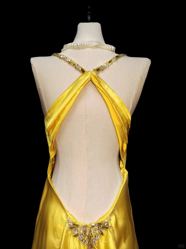 Robe de soirée élégante jaune à col en V et strass, longue sirène, jupe queue de poisson, en satin, longueur au sol, robe de bal, robe de soirée, gh3820