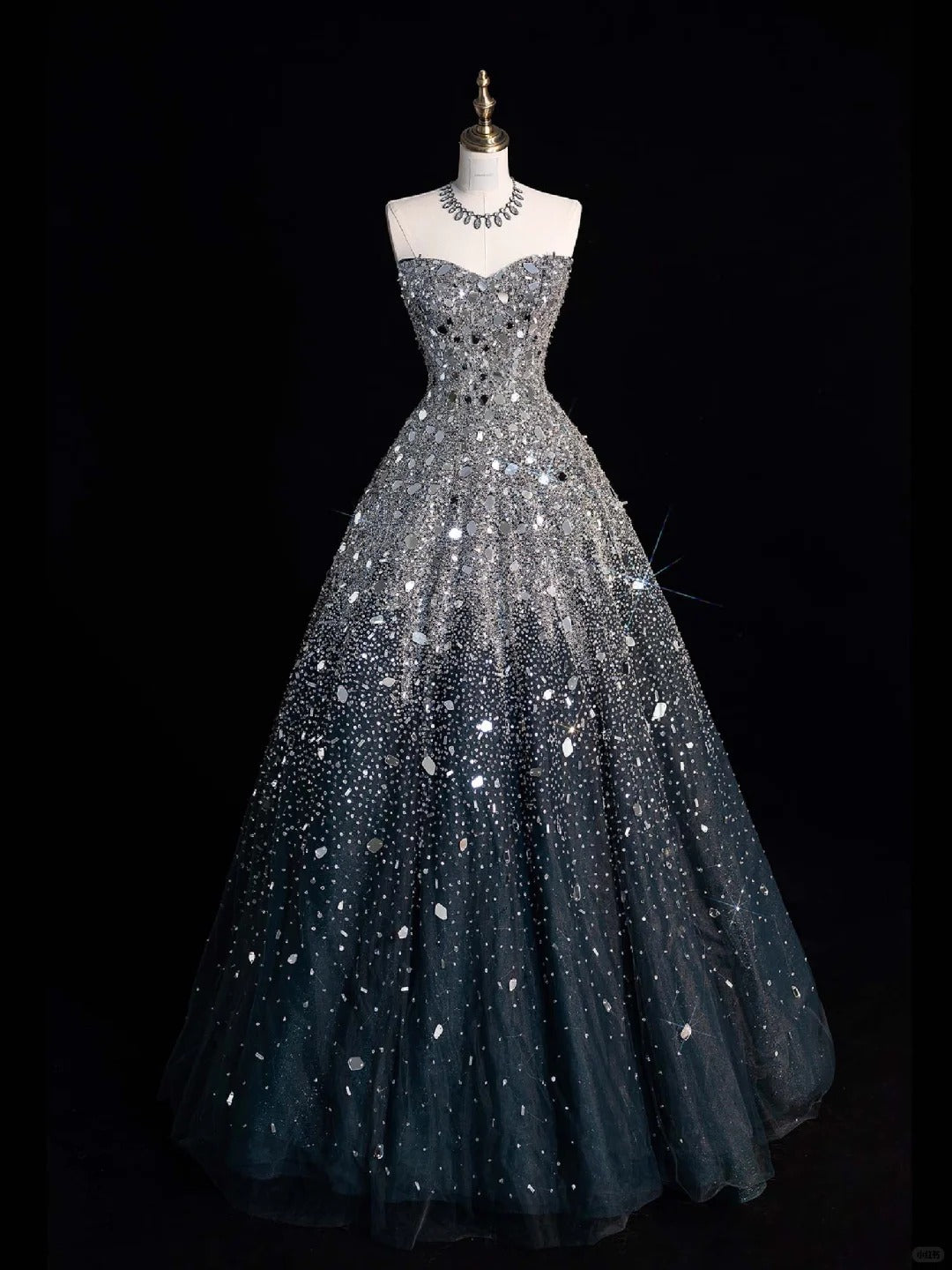 Schwarz-Silber, wunderschön, funkelnd, elegant, lang, Pailletten, Tüll, bodenlang, Ballkleid, Abendkleid, gh4378
