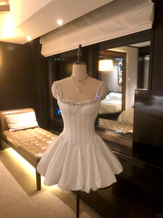 Girlhomeshops-White short satin princess homecoming dress birthday party dress eighth grade dress gh5295
