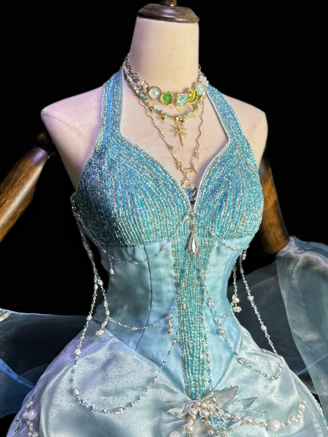 Mermaid Style Sea Blue Halter Pearl Tassel Ballgown - Ocean Theme Wedding & Cosplay Dress gh6557