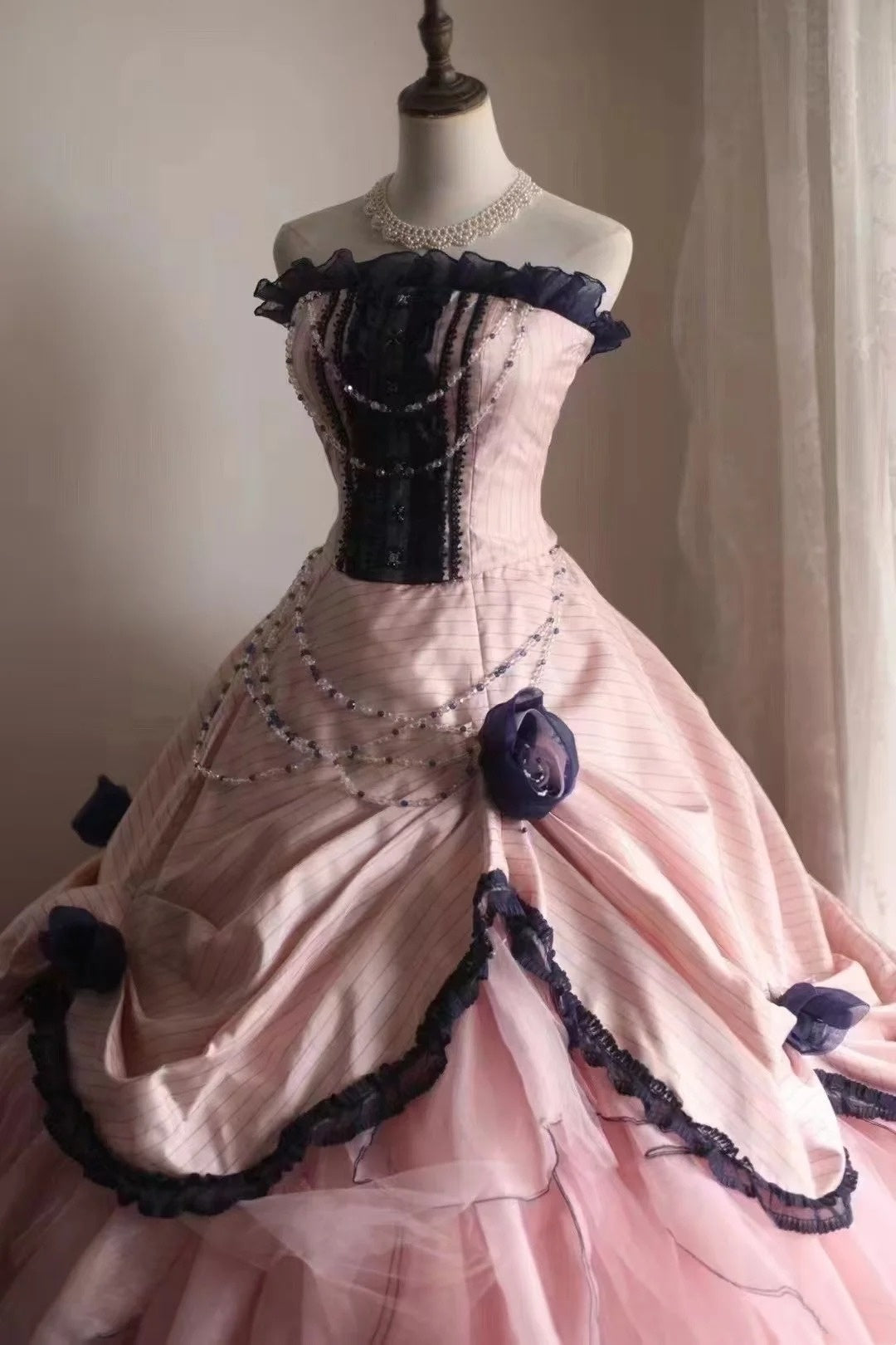girlhomeshops-Sleeveless Pink - Blue Contrast Lace - decorated Puff dress, Retro Court - style Satin Floor - length Evening Dress gh5830