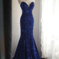 Königsblaues Fischschwanz-Abendkleid aus Samt mit Pailletten und Perlen, seitlicher Schlitz, plissiert, für Hochzeiten, Zeremonien, Geburtstagsfeiern, gh4326