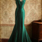 girlhomeshops-Sleeveless Deep V - Neck Backless Dark Green Satin Mermaid Dress, Retro Elegant Slim - fitting Floor - length Evening Gown  gh5827