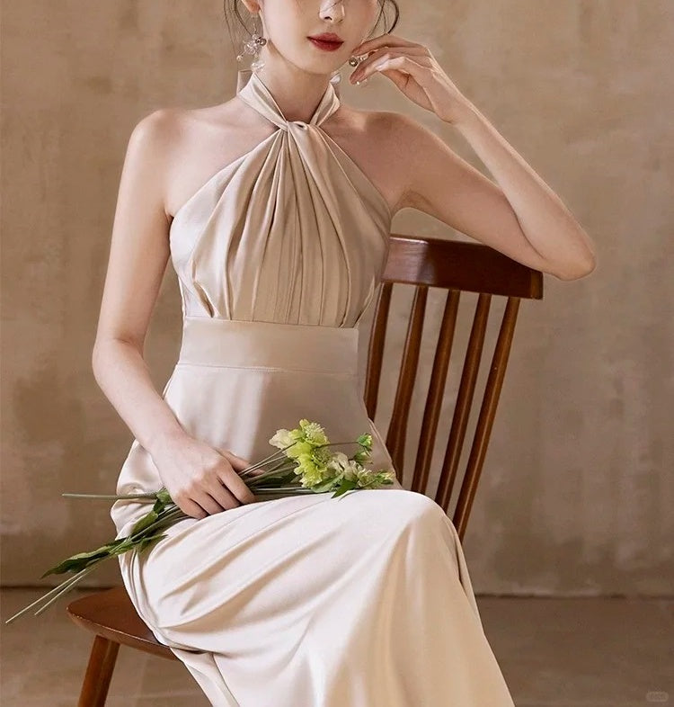 Champagner Elegante Mode Lange Satin Ballkleid Abendkleid Partykleid Brautjungfernkleider Ballkleid Hochzeit Mutter des Jahres Kleid gh3998