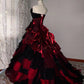 girlhomeshops-Burgundy-Black Paneled Shiny Satin Strapless Sleeve Floor-Long Gothic Ball Gown gh6317