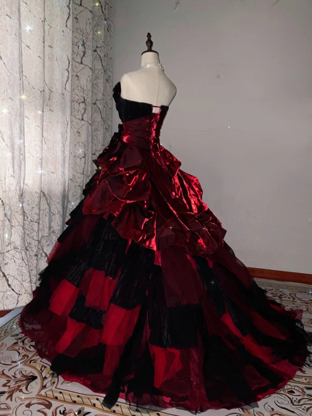 girlhomeshops-Burgundy-Black Paneled Shiny Satin Strapless Sleeve Floor-Long Gothic Ball Gown gh6317