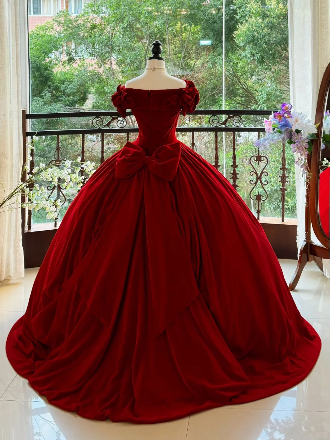 Girlhomeshops - Burgunderrot, elegant, Retro, lang, Samt, Quinceanera-Kleid, Ballkleid, Abschlussballkleid, Prinzessinnenkleid, gh5005