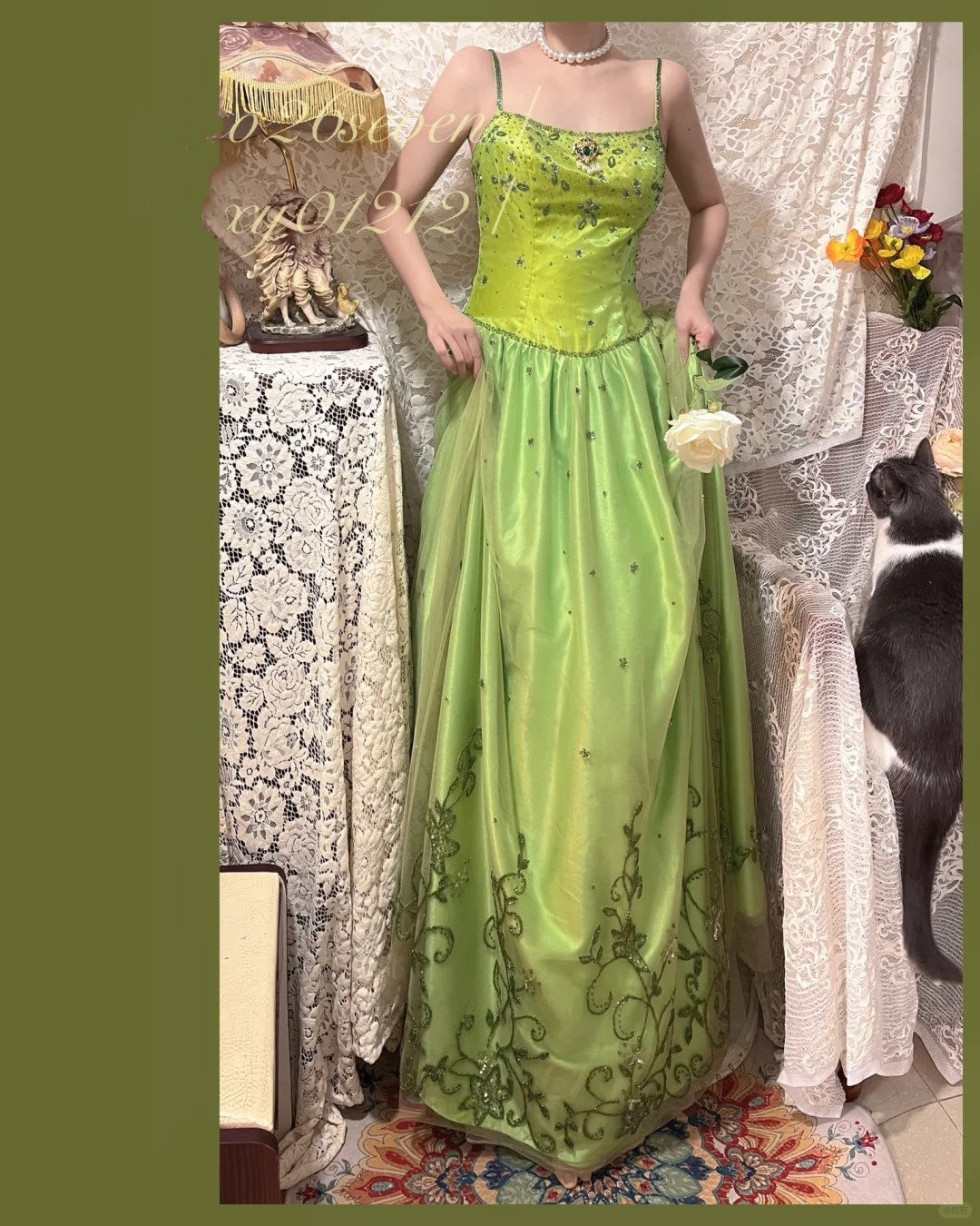 Robe de soirée longue en satin et tulle, style vintage, verte, exquise, perlée, motif floral, gh4433