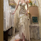 Robe de soirée longue en satin ivoire, élégante, avec perles dorées, coupe sirène, à volants, coupe ajustée, gh4252