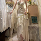 Robe de soirée longue en satin ivoire, élégante, avec perles dorées, coupe sirène, à volants, coupe ajustée, gh4252