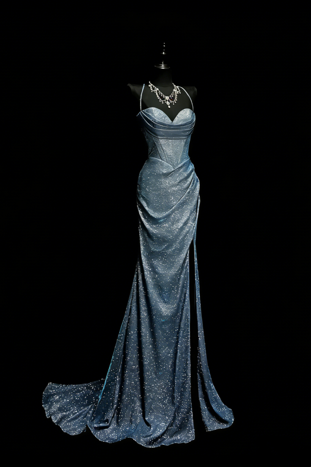 Galaxie-schimmerndes, blau glitzerndes Meerjungfrauenkleid im Regenbogen-Stil – Abendkleid und Kleid für den roten Teppich im Sternenlicht-Stil gh6570