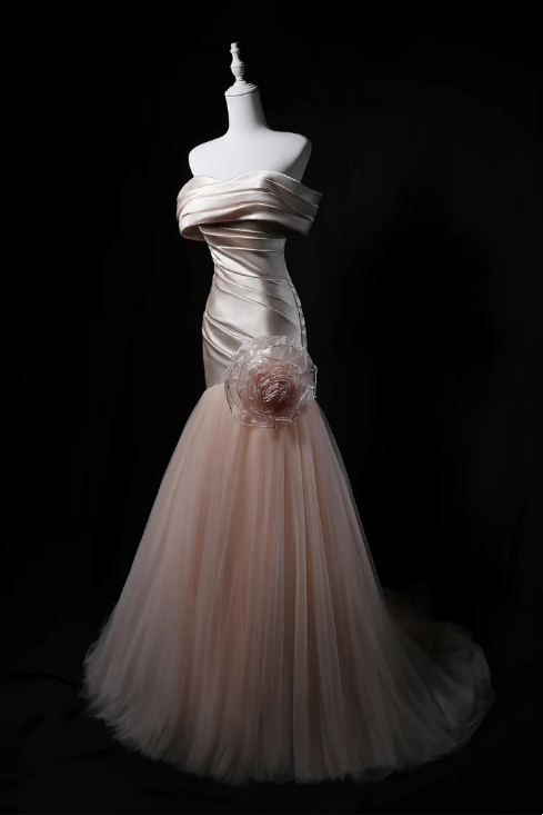 Light Champagne Pink Off Shoulder Waist-Cinched Fitted Elegant Evening Dress, Fairy Gown, Romantic Gown gh7466