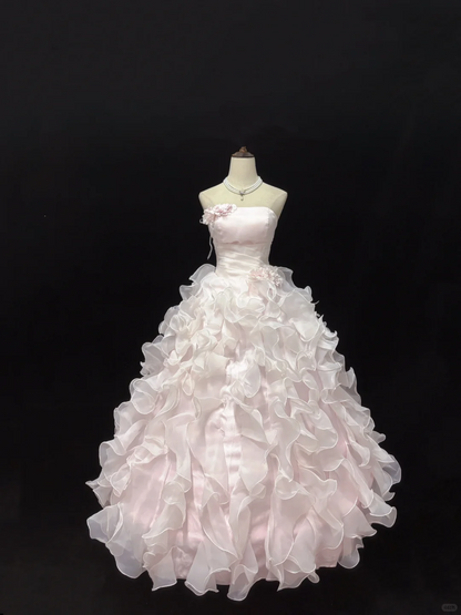Blush Pink Strapless Romantic Dress with Floral Appliqués, Cinched Waist, Voluminous Wavy Princess Skirt, Wedding Gown gh8091