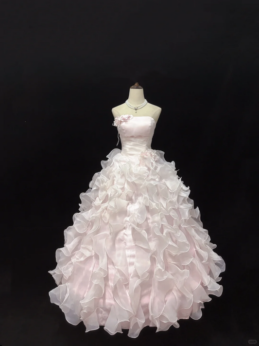 Blush Pink Strapless Romantic Dress with Floral Appliqués, Cinched Waist, Voluminous Wavy Princess Skirt, Wedding Gown gh8091