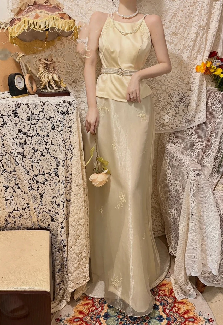 Robe de soirée longue en mousseline de soie à fleurs jaunes, robe de soirée, robe de remise de diplôme, ensemble deux pièces gh4506