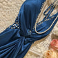 Robe de soirée longue en satin bleu à perles, élégante, gh4460