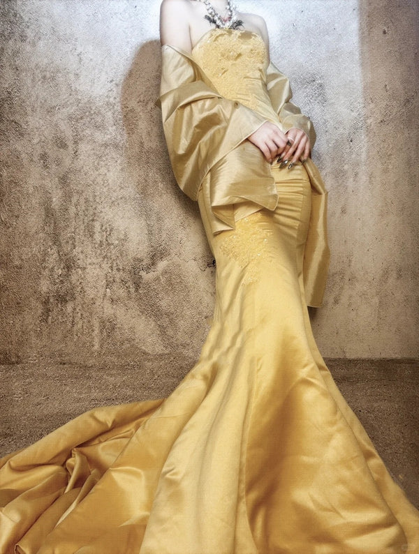 Gelb wunderschöne exquisite Perlen lange Satin Ballkleid Abendkleid Partykleid gh4499
