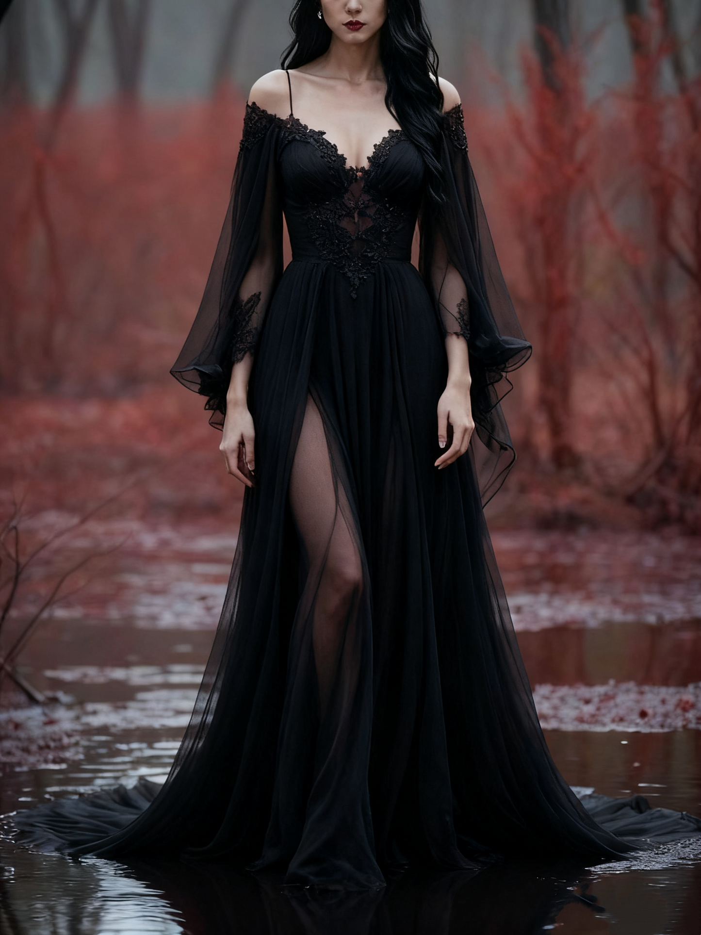 girlhomeshops-Long Sleeves Long Tulle Floor-Length Train Retro Elegant Ball Gown Evening Dress gh5943