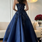 Navy Blue Strapless Ball Gown with 3D Floral Appliques & Beading, Floor-Length Prom Dress for Formal Wedding & Evening Events gh7098