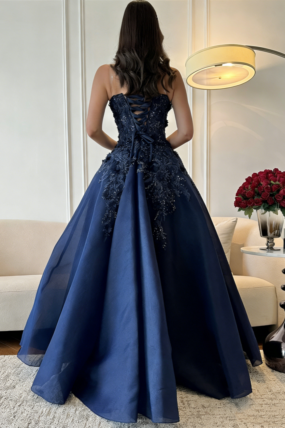 Navy Blue Strapless Ball Gown with 3D Floral Appliques & Beading, Floor-Length Prom Dress for Formal Wedding & Evening Events gh7098