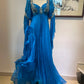Blaues Vintage Langarm Perlen Langes Chiffon Ballkleid Abendkleid Partykleid gh4941