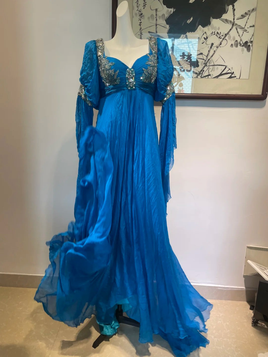 Blaues Vintage Langarm Perlen Langes Chiffon Ballkleid Abendkleid Partykleid gh4941