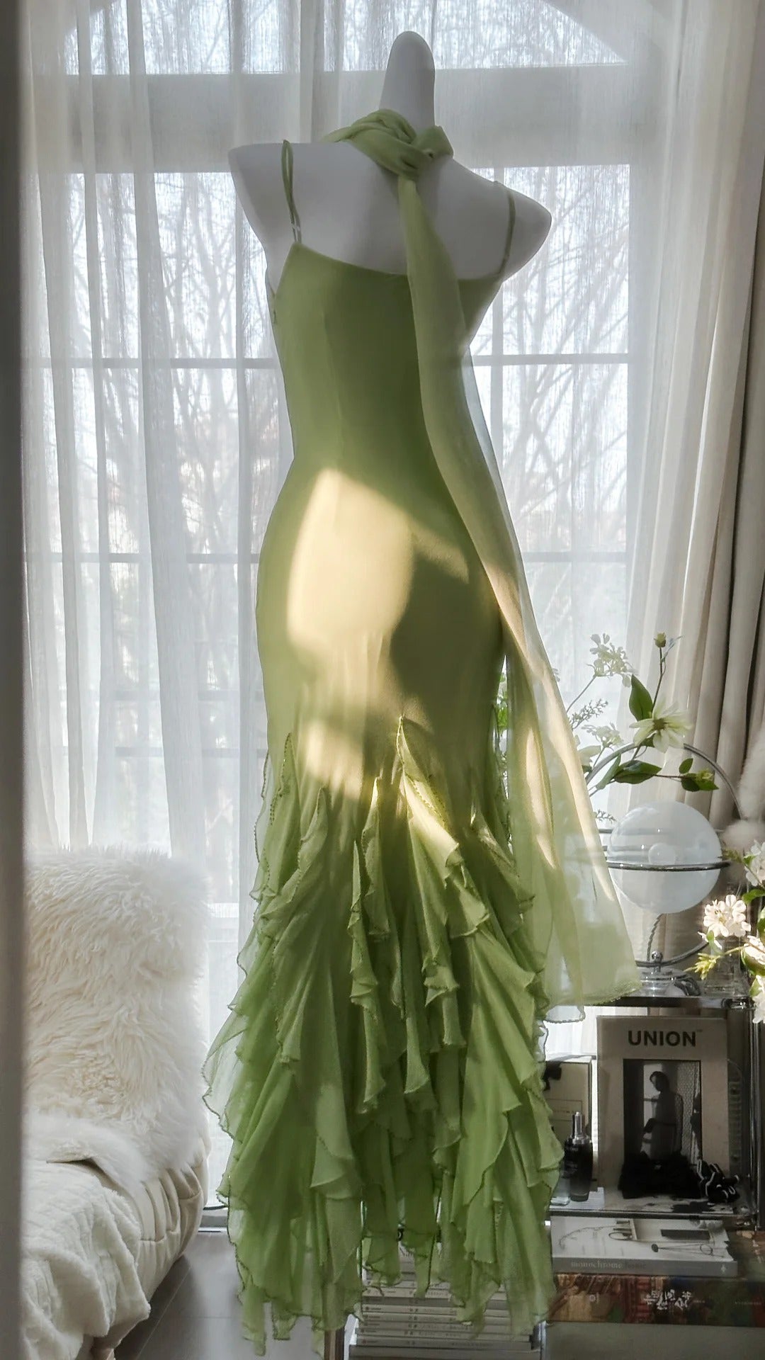 Grünes stilvolles elegantes Spaghettiträger-Lang-Rüschen-Meerjungfrauen-Slim-Fit-Chiffon-Ballkleid-Geburtstags-Partykleid-Abendkleid-Abschlussballkleid gh3976