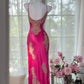 Rosa geblümtes Ballkleid, lang, Satin, Date-Kleid, Abendkleid, Geburtstagskleid, Hochzeitskleid, gh4533