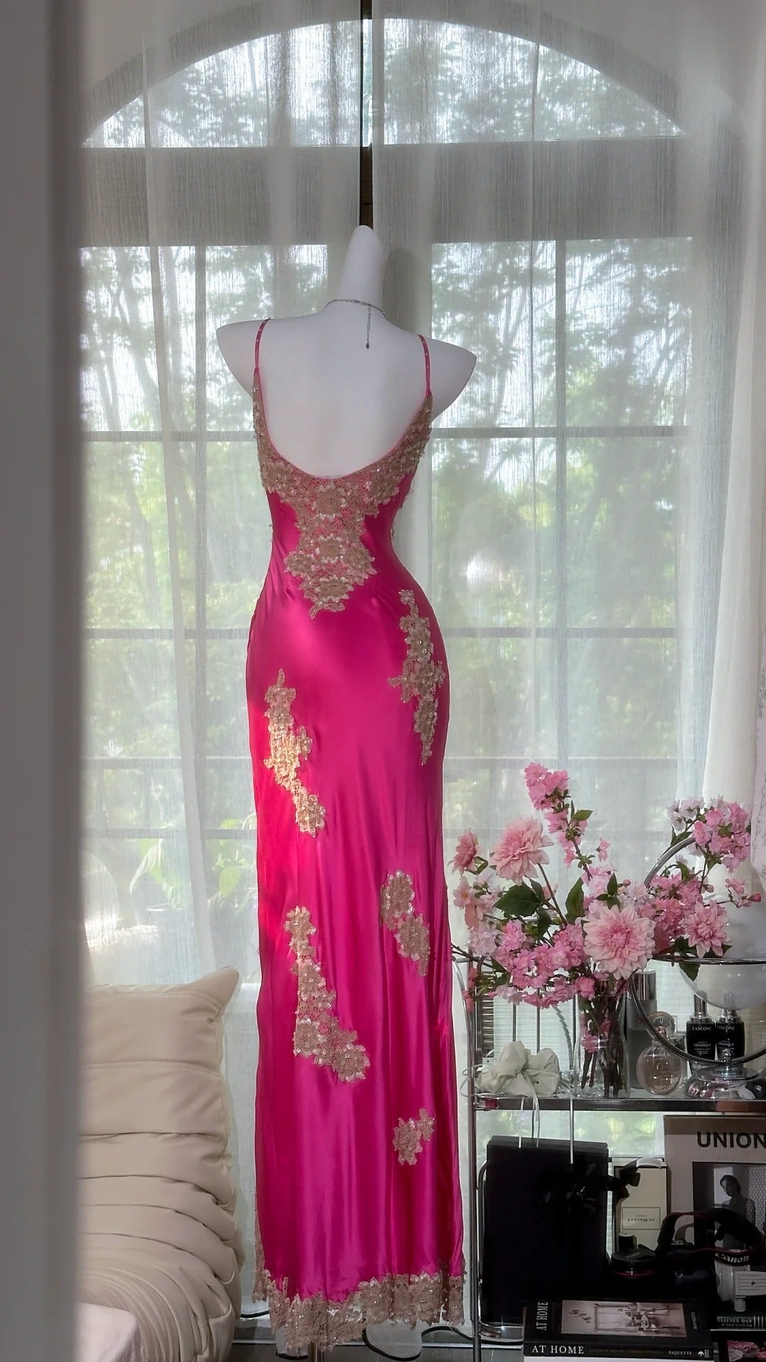 Rosa geblümtes Ballkleid, lang, Satin, Date-Kleid, Abendkleid, Geburtstagskleid, Hochzeitskleid, gh4533