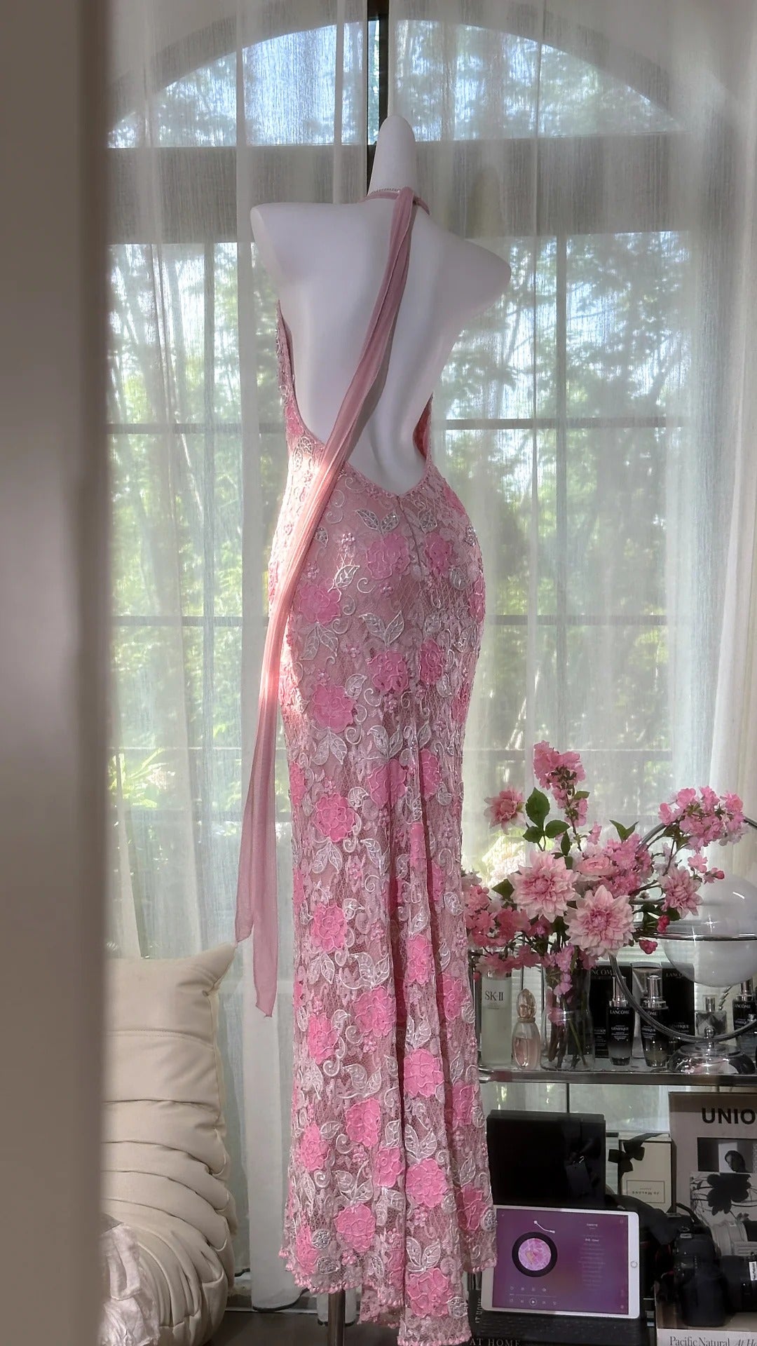 Rosa florales Vintage Perlen Spitzen langes Ballkleid Abendkleid Partykleid gh4819