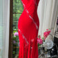 Rotes, glänzendes, perlenbesetztes, langes Chiffon-Ballkleid, Abendkleid, Partykleid, Date-Kleid, Ballkleid, gh4678