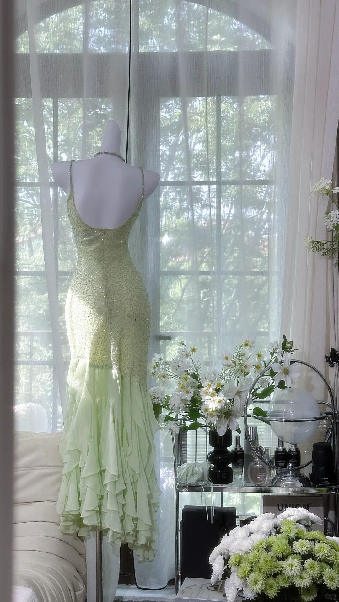Grünes glänzendes Rüschen-langes Pailletten-Ballkleid-Abendkleid-Partykleid gh4319