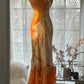 Robe de soirée longue en satin et mousseline de soie, motif floral délicat, orange, bretelles spaghetti, gh4093