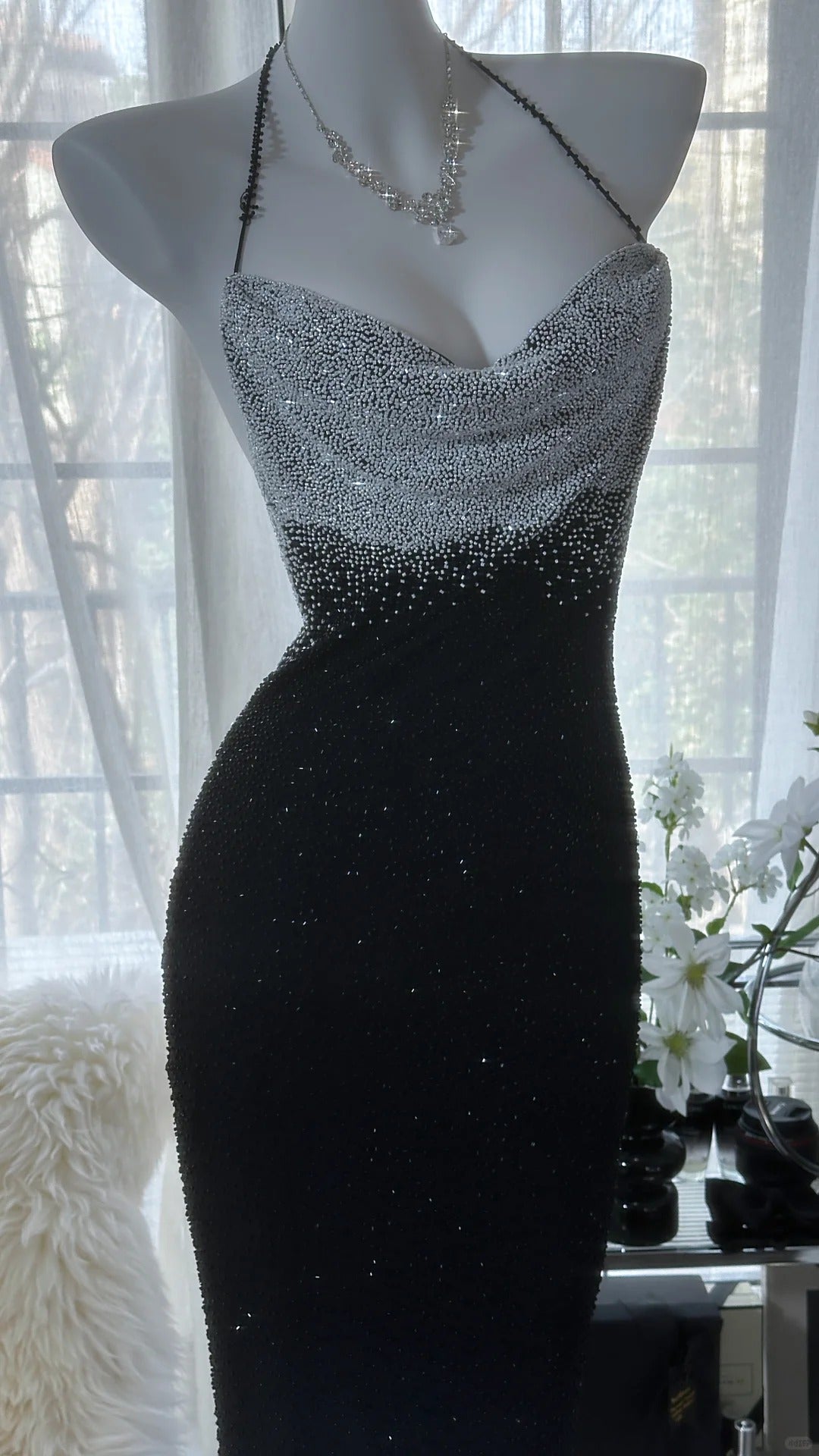 Schwarz Silber Wunderschöne Glänzende Mode Gradienten Hosenträger Lange Pailletten Ballkleid Abendkleid Partykleid gh4004