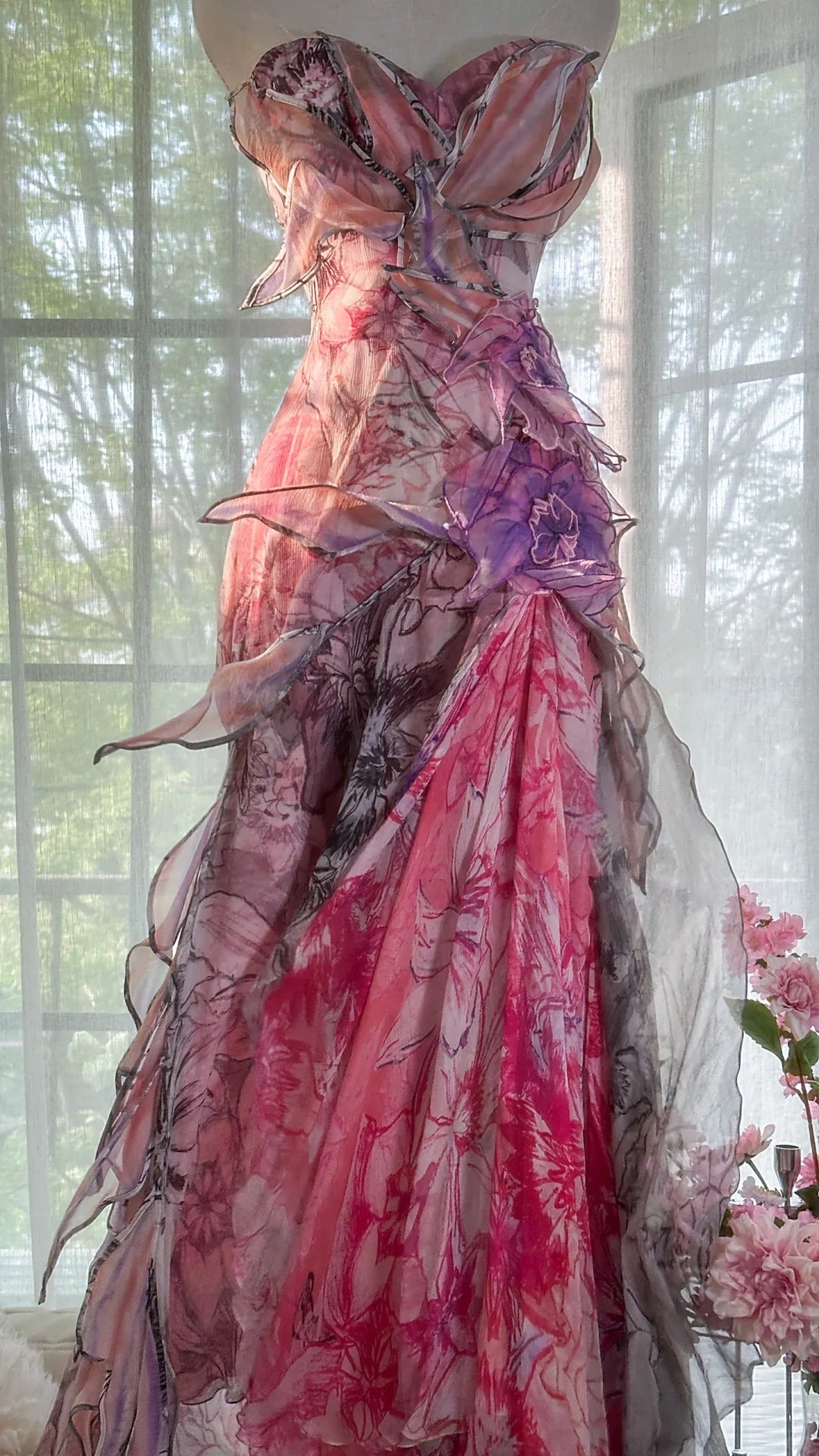 Rosa Elegant Romantisch Exquisite Blumen Lange Chiffon Ballkleid Abendkleid Partykleid Ballkleid gh4003