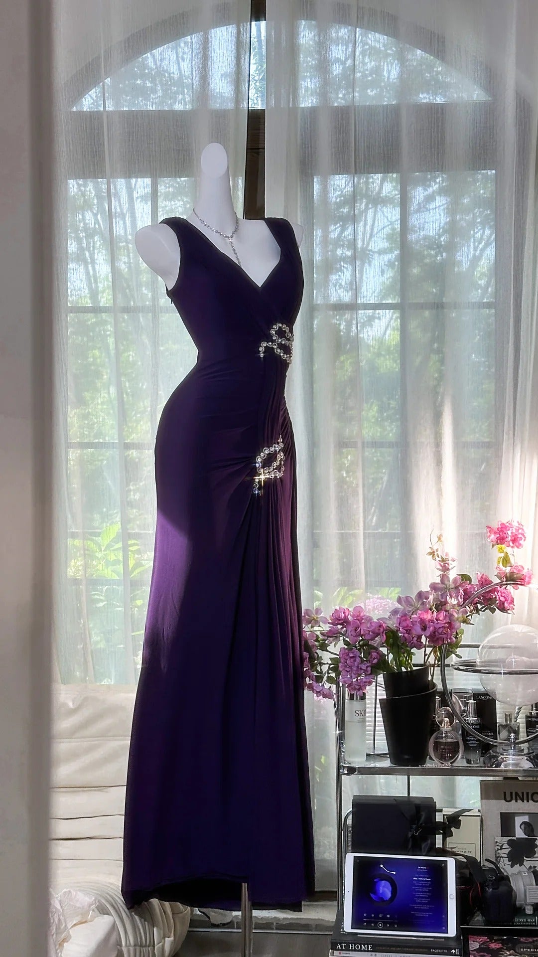 Lila Strass Langes Chiffon Ballkleid Abendkleid Partykleid Date Kleid Ballkleid gh4677