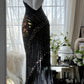 Robe de soirée longue en mousseline de soie noire, style vintage, délicate, à fleurs, avec pompons et perles, pour fête d'anniversaire, bal, gh3972