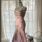 Blassrosa, elegantes, modisches, raffiniertes, perlenbesetztes, herzförmiger Ausschnitt, Spaghettiträger, langes Chiffon-Kleid mit Rüschen, Heimkehrkleid, Ballkleid, Abendkleid, Geburtstags-/Urlaubspartykleid, Ballkleid gh4067