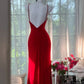 Rotes langes Satin-Ballkleid mit Strasssteinen, Abendkleid, Partykleid, Date-Kleid, Ballkleid gh4679