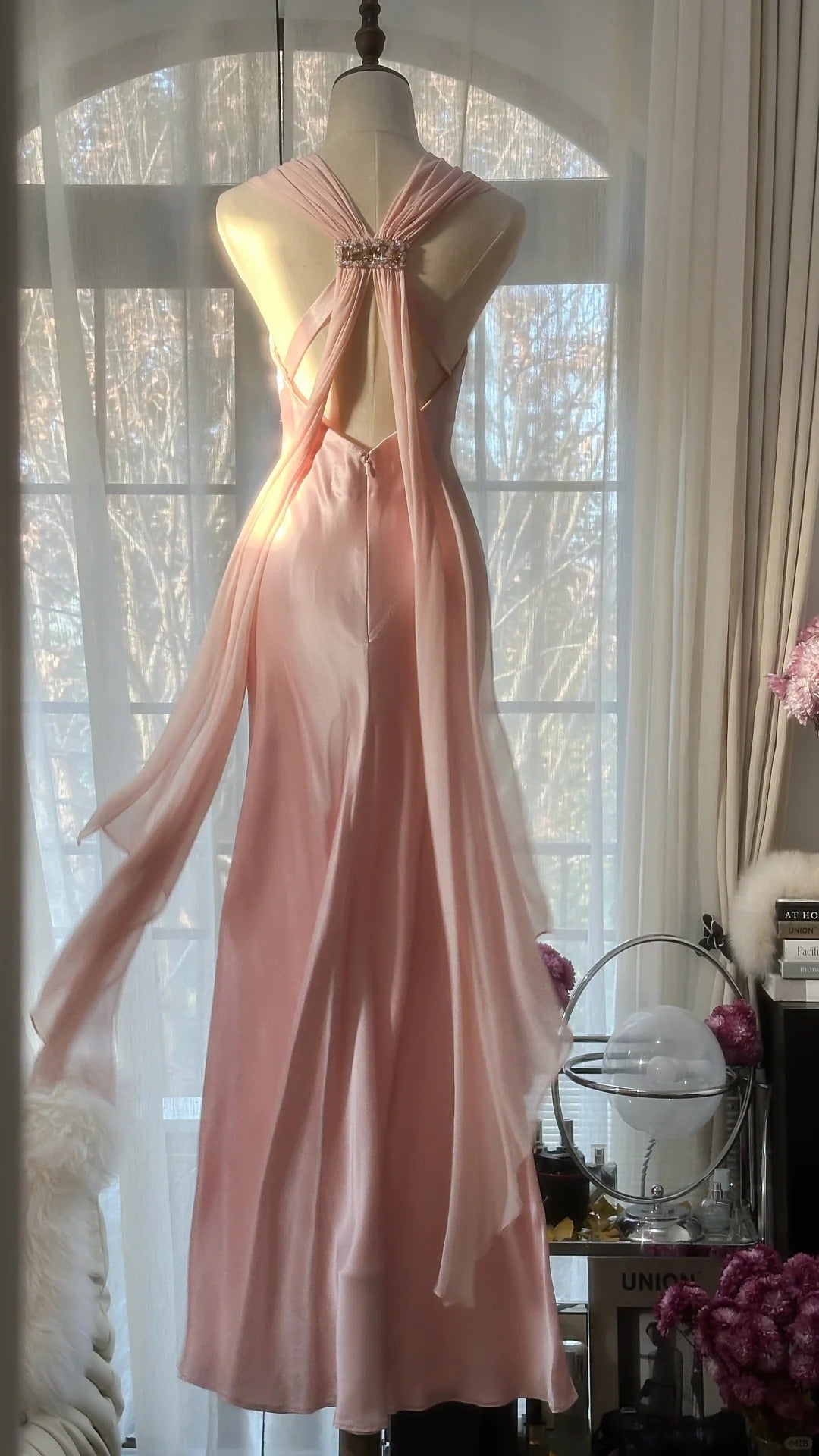 Rosa Elegante Exquisite Strass Lange Satin Chiffon Ballkleid Abendkleid Partykleid Geburtstagskleid Date Kleid gh4163