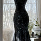 Schwarzes, glänzendes, luxuriöses, wunderschönes, exquisites, perlenbesetztes, langes Meerjungfrauenkleid aus Chiffon, Feenballkleid, Abendkleid, Hochzeitsgast, Partykleid, Ballkleid, Verabredungskleid, Abschlussballkleid, gh3992