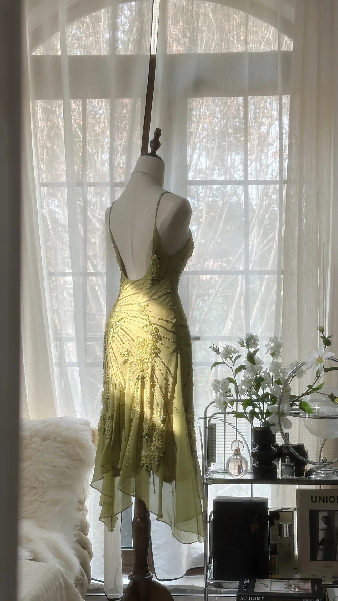 Grün Romantisch Mode Elegant Zarte Blumenapplikation Perlen Spaghettiträger Midi/Kurz Chiffon Rüschen Ballkleid Abendkleid Partykleid gh4060
